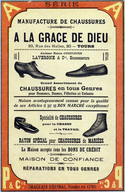 إعلان عن مصنع "A la grace de dieu" في تورز. نقش في "ABC Les Images en Alphabet". تصوير الإبينال. Pellerin and Cie ، ناشر طابعة ، Epinal ، أواخر القرن التاسع عشر ، حوالي عام 1890. 10 صفحات. الأبعاد: 19.5 × 13.5 سم بواسطة غير معروف
