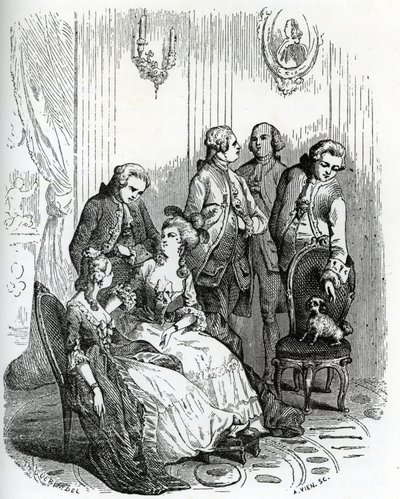 أمسية في قصر فو-لو-فيكومت في عهد الملك لويس الخامس عشر (1710-1774). القرن التاسع عشر (نقش من كتاب "أسرار شاتو فرنسا القديمة" للفرنسي لو فرانسوا) بواسطة فنان غير معروف