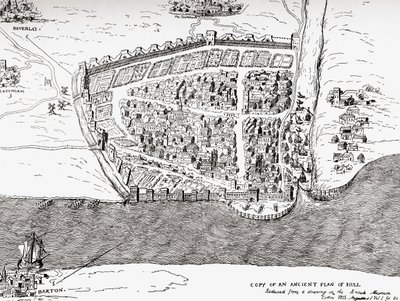 Ancient plan of Kingston upon Hull, East Riding of Yorkshire, England, from Picturesque History of Yorkshire, published c.1900 بواسطة غير معروف