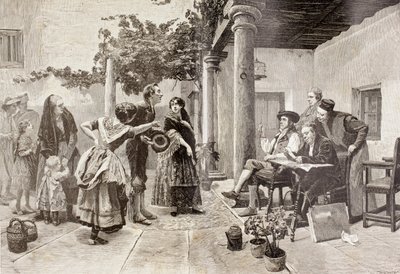 Ante el Alcalde (قبل العمدة) ، بعد لوحة للفنان الإسباني Julio Worms ، من El Mundo Ilustrado ، نشرت برشلونة بواسطة غير معروف
