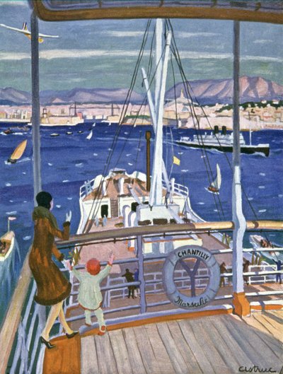 وصول السفينة شانتيلي إلى ميناء مرسيليا، حوالي عام 1930 (رسم توضيحي) بواسطة فنان غير معروف