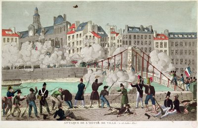 الهجوم على دار البلدية في باريس ومعركة جسر أركولا ، 28 يوليو 1830 (نقش) بواسطة فنان غير معروف