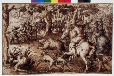صيد الدببة رسم جيوفاني سترادانو (جان فان دير سترايت) (يوهانس سترادانوس) (1523-1605). فلورنسا، Gabinetto dei Disegni e delle Stampe degli Uffizi (أوفيزي). GDSU 2343 F بواسطة فنان غير معروف