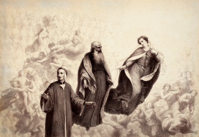 تبتعد بياتريس عن دانتي، ويظهر إلى جانبه القديس برنارد. رسم توضيحي للكانتو الحادي والثلاثين في باراديسو من الكوميديا الإلهية لدانتي أليغييري. عمل لفرانشيسكو سكاراموزا مخصص لبلدية فلورنسا. بواسطة فنان غير معروف