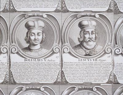 بوليسلاف الخامس ، العفيفة ، وليزيك الثاني ، الأسود ، لا. 27 و 28 من "Series Chronologica Ducum et Regum Polonorum" (نقش) بواسطة غير معروف