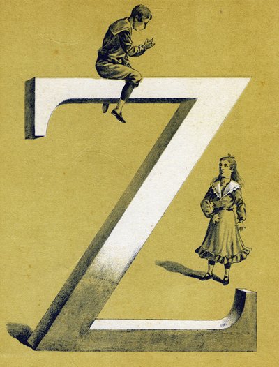 صبي يجلس على الحرف Z وفتاة صغيرة تقف تحته. الأبجدية المصورة. تم لم شمل الصور في جارفيل نانسي ، أوائل القرن العشرين. الأبعاد: ٤٠ × ٢٩ سم. الطباعة الحجرية على خلفية بيستر بواسطة غير معروف