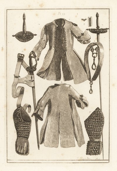 Buff coat 1,2, buff belt 3, gilt-silver sword hilt 4, buff arm-piece and glove 5,6, toledo sword 7, blade and scabbard 8, and hilt 9 بواسطة غير معروف