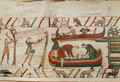 بناء السفن بأوامر من Duke William، Bayeux Tapestry (تطريز صوف على الكتان) بواسطة غير معروف