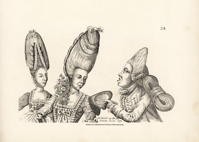 رسم كاريكاتوري لأزياء أواخر القرن الثامن عشر: امرأة بشعر مستعار طويل مع حديقة من الزهور في حضنها، ومعكرونة بشعر مستعار طويل مع كتلة شعر باهظة مربوطة من الخلف. نقش على لوح نحاسي بعد رسم توضيحي ساخر لتيموثي بوبين (جون بواسطة فنان غير معروف