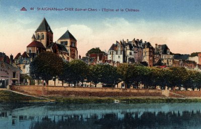 المركز ، Loir et Cher (41) ، Saint Aignan sur Cher (Saint-Aignan-sur-Cher): منظر للمدينة مع الكنيسة والقلعة - بطاقة بريدية نهاية القرنين التاسع عشر والعشرين بواسطة غير معروف