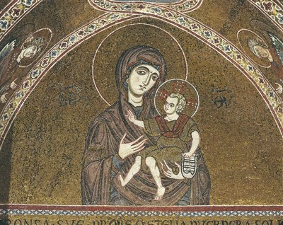 الصورة عن قرب، بسبب، جدارية، بسبب، مريم العذراء، Monreale، صقلية، Italy بواسطة فنان غير معروف