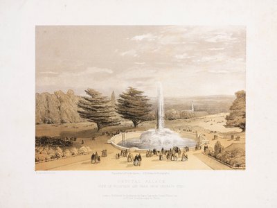 Crystal Palace، Post-Great Exhibition النافورة والمنتزه من شرفة درجات قصر الكريستال ، حوالي 1855 بواسطة غير معروف