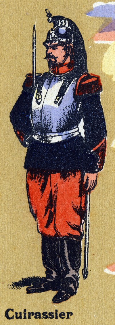 Cuirassier في زي الجندي. الأبجدية المصورة. تم لم شمل الصور في جارفيل نانسي ، بداية القرن العشرين. الأبعاد: ٤٠ × ٢٩ سم. الطباعة الحجرية على خلفية بيستر بواسطة غير معروف