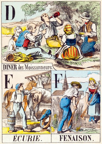 DEF: Diner des moissonneurs، Stable، Haymaking - "Alphabet of the Farm" نهاية القرن التاسع عشر (نقش) بواسطة غير معروف