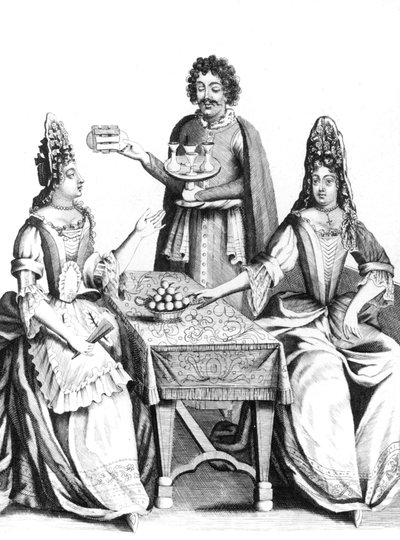 Dames prenant des rafraichissements au 17e siecle (قبل عام 1670) - نساء يتناولن بعض المرطبات في القرن السابع عشر - موضة موضة الكوفيه تسريحة الشعر تسريحة شعر إيفنتايل مروحة مقهى بار فرنسا بواسطة فنان غير معروف