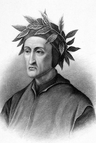 دانتي أليغييري (1265-1321) كاتب إيطالي (الكوميديا الإلهية)، متوج هنا بأمجاد الغار، نقش بواسطة فنان غير معروف