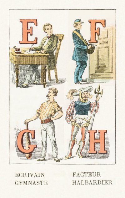 ه - كاتب ؛ عامل F ز - لاعبة جمباز H - Halberdier - الأبجدية الطفولية ، طبعات Gordinne 1920 (نقش) بواسطة غير معروف