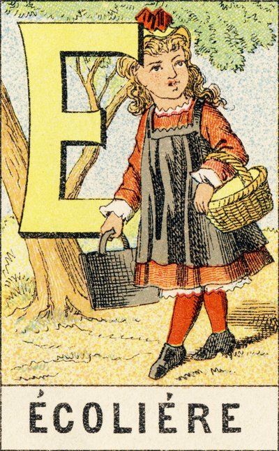 E: Ecoliere - نقش من ABCD des petits filles. Pellerin & Cie ، ناشر طابعة ، Epinal ، حوالي 1890. Serie A. الأبعاد: 19 × 13.5 سم. بواسطة غير معروف
