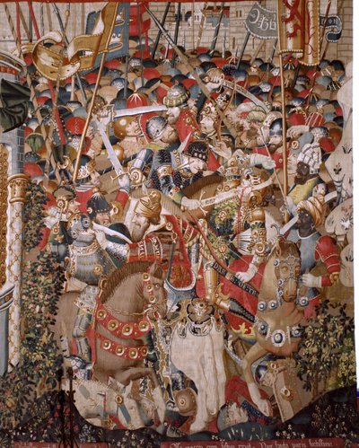 نسيج فلمنكي. مسلسل حرب طروادة. موت أخيل (Muerte de Aquiles). النسيج الثامن في السلسلة. نموذج Coëtivy Master (Henry أو Conrard de Vulcop). تصنيع ورش تورناى. كاليفورنيا 1470. نسيج صوف وحرير ، 6/7 انفتال لكل سم. الحجم 482 × 942 ج بواسطة غير معروف