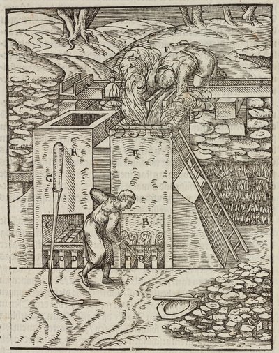 فرن تسخين خام الذهب - نقش من وصف الخامات وطرق التعدين الرئيسية ، بواسطة Lazarus Ecker بواسطة غير معروف