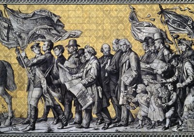 Furstenzug ، أو موكب الأمراء ، في Augustusstrasse ، مصنوع من 25000 قطعة بلاط من Meissen ، تفاصيل ، درسدن ، ساكسونيا ، ألمانيا بواسطة فنان غير معروف