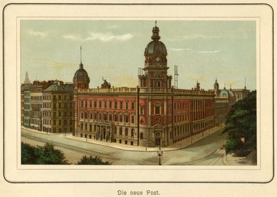 ألمانيا، هامبورغ، المبنى الجديد لمكتب البريد، رسم توضيحي من : "Ansichten-Album Hamburg" (مناظر من هامبورغ)، نشر بواسطة C. Schneider، برلين شمال غرب، حوالي عام 1890 (طباعة حجرية) بواسطة فنان غير معروف