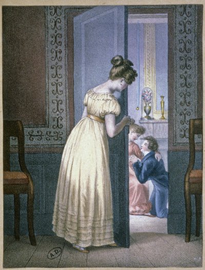 فتاة تستمع إلى حديث خاص لعشيقين، حوالي عام 1820 (نقش) بواسطة فنان غير معروف