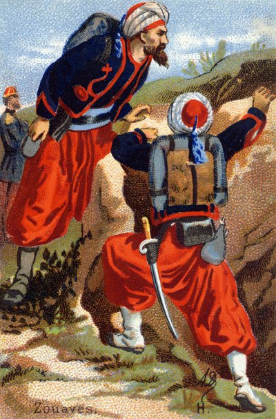 H: الزواف. نقش في "الأبجدية العسكرية". الأحرف الأولى من Illustrator: A. D. ناشر غير معروف. الطباعة الحجرية الملونة أواخر القرن التاسع عشر. خافت: 10،5 × 7 سم. بواسطة غير معروف