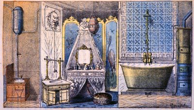 إدارة الموئل: المرحاض والحمام والحمام، ج. 1870 (نقش) بواسطة فنان غير معروف