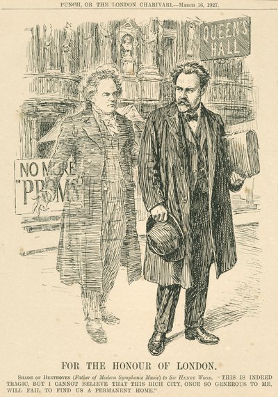 هنري وود وشبح بيتهوفن أمام قاعة الملكة ، نقش من Punch أو The London Charivari ، 16 مارس بواسطة غير معروف