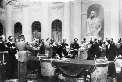 باسم السلام ، لوحة للفنانين السوفييت V ، Vikhtinsky ، B ، Zhukov ، E ، Levin ، L ، Chernov ، L ، Shmatkov ، اللوحة تصور توقيع معاهدة الصداقة والتحالف والمساعدة المتبادلة بين الاتحاد السوفيتي والشعب الصيني بواسطة غير معروف