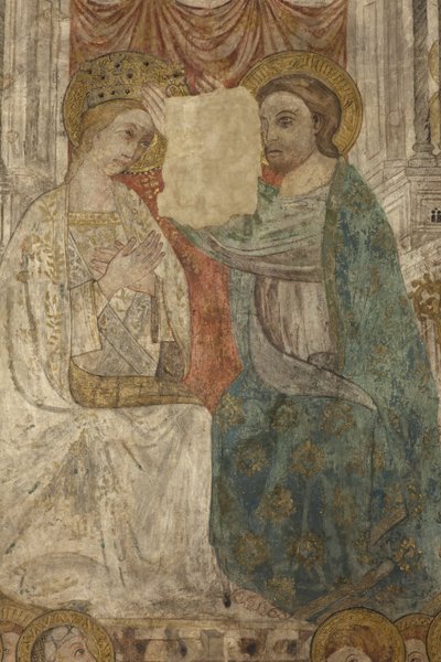 الداخلية. معبر الشمال. المذبح (لوحات جدارية Altar de las pinturas). الأصل من الكنيسة الرئيسية. اللوحات الجدارية (فريسكو؟). التفاصيل. نهاية القرن الرابع عشر. بواسطة غير معروف