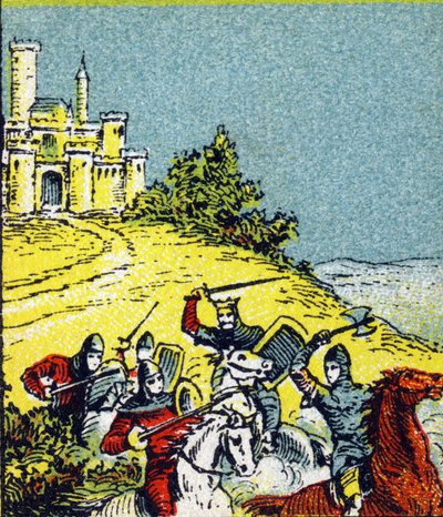 حارب الملك لويس السادس لوغروس ضد سرقة أسياد المملكة. نقش في "Histoire de France". سلسلة من الصور الإعلانية نُشرت باسم Louit ، 24 شارع d'Eysines-a-Bordeaux ، حوالي عام 1920. الحجم الإجمالي للصورة: 7.8x5.5 سم. بواسطة غير معروف