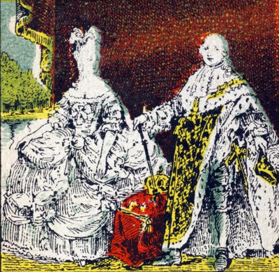 الملك لويس السادس عشر ملك فرنسا والملكة ماري أنطوانيت. نقش في "Histoire de France". سلسلة من الصور الإعلانية نُشرت باسم Louit ، 24 شارع d'Eysines-a-Bordeaux ، حوالي عام 1920. الحجم الإجمالي للصورة: 7.8x5.5 سم. بواسطة غير معروف