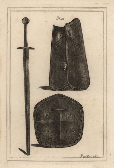 لوحة صدرية كبيرة أو cuirass 1 ، درع مثقوب في الوسط 2 وسيف ذو يدين كلها تنتمي إلى Guy ، Earl of Warwick 3 ، نقش نحاسي بواسطة J بواسطة غير معروف
