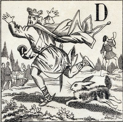 الحرف د: الملك داغوبيرت يلاحقه أرنبة. نقش في "ABC Les Images en Alphabet". تصوير الإبينال. Pellerin and Cie ، ناشر طابعة ، Epinal ، أواخر القرن التاسع عشر ، حوالي عام 1890. 10 صفحات. الأبعاد: 19.5 × 13.5 سم بواسطة غير معروف