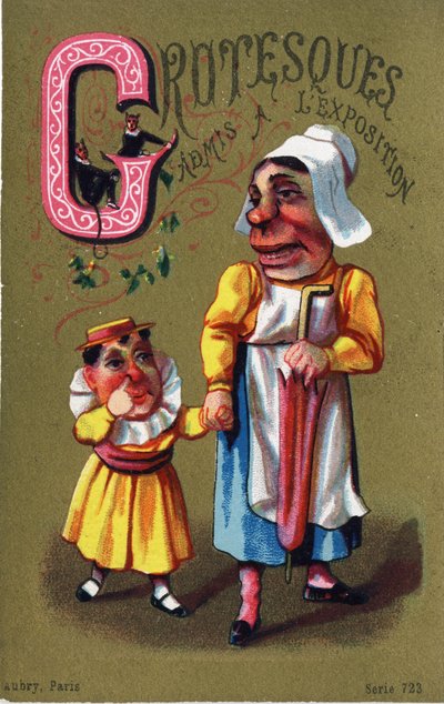 حرف G: قبول Grotesques في المعرض. نقش في "Alphabet des grotesques" ". سلسلة من 25 مطبوعة حجرية ملونة للإعلان على خلفية قديمة ، أواخر القرن التاسع عشر. قاتمة: 11 × 7 سم بواسطة غير معروف