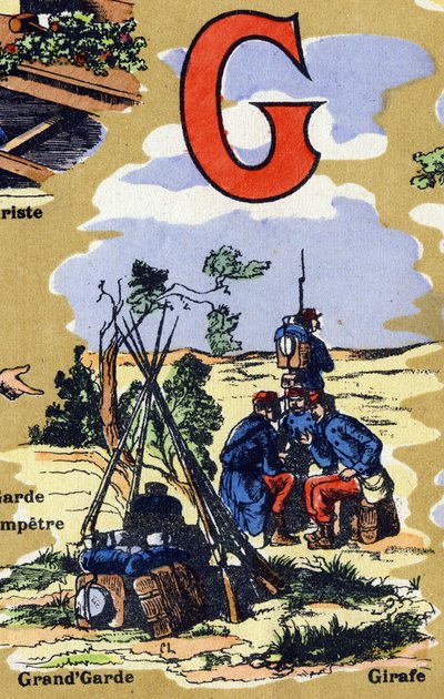 حرف G كحارس عظيم للجيش. يوضح Iphabet. تم لم شمل الصور في جارفيل نانسي ، أوائل القرن العشرين. الأبعاد: ٤٠ × ٢٩ سم. الطباعة الحجرية على خلفية بيستر بواسطة غير معروف
