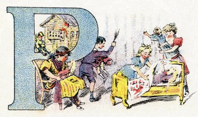 الحرف P: Doll Polichinelle. الأبجدية الفوسفاتين فاليريس. نقش. الأبجدية Brevete SGDG بواسطة الصيدلي Pierre Emile Falieres. الرسوم التوضيحية في الطباعة الحجرية الملونة ، أواخر القرن التاسع عشر. 16 صفحة. خافت: 103x154 ملم بواسطة غير معروف