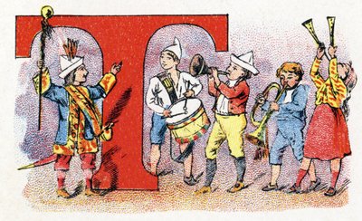 الحرف ت: طبل البوق. الأبجدية الفوسفاتين فاليريس. نقش. الأبجدية Brevete SGDG بواسطة الصيدلي Pierre Emile Falieres. الرسوم التوضيحية في الطباعة الحجرية الملونة ، أواخر القرن التاسع عشر. 16 صفحة. خافت: 103x154 ملم بواسطة غير معروف