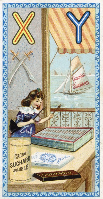 الحرف X: xylophonist و Y: yatagan، yacht. نقش الأبجدية تم تحريره بواسطة Chocolat Suchard ، بداية القرن العشرين. 24 مطبوعة حجرية ملونة تمثل الأماكن والشخصيات والأشياء التي سيتم اكتشافها في الصورة. خافت: 105 × 55 ملم بواسطة غير معروف