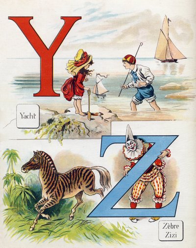 حرف Y و Z: مهرج Yatch و Zebra و Zizi. نقش في "ABC L'alphabet des bebes". حجم غير قابل للكسر على القماش في الطباعة الحجرية الملونة. A. Capendu ، محرر ، باريس. أوائل القرن العشرين ، حوالي عام 1905. صور من أصل إنجليزي مصحوبة بكلمات بلغة فرين بواسطة غير معروف
