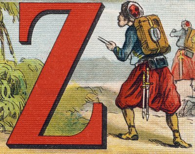 الحرف Z: الزواف. نقش في "Alphabet de ma petite fille". برناردين-بيشيت وفلس ، بائعون وناشرون ، باريس ، حوالي عام 1895. ألبوم غير قابل للكسر على قماش. Bibliotheque des Bebes. 12 صفحة. ألبوم يحتوي على طريقة القراءة و abeceda توضيحية بواسطة غير معروف