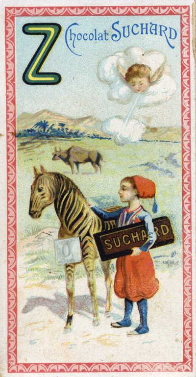 الحرف Z: زفير ، زواف ، زيبو ، حمار وحشي ، صفر. نقش الأبجدية تم تحريره بواسطة Chocolat Suchard ، بداية القرن العشرين. 24 مطبوعة حجرية ملونة تمثل الأماكن والشخصيات والأشياء التي سيتم اكتشافها في الصورة. خافت: 105 × 55 ملم بواسطة غير معروف