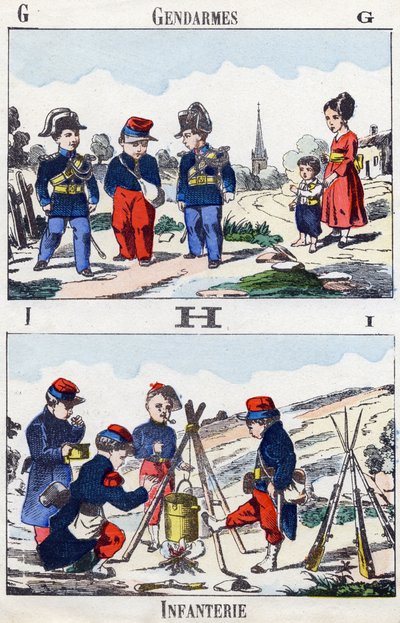 رسائل GHI: الدرك والمشاة. نقش في "الأبجدية العسكرية الطفولية". صور Pont-a-Mousson ، حوالي عام 1890. 20 صفحة. قاتمة: 28.5x21 سم بواسطة غير معروف