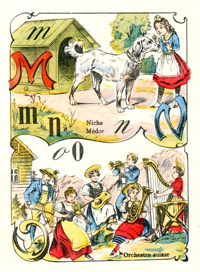 رسائل MN و O مثل Medor ، Niche والأوركسترا السويسرية. نقش في "Fun Alphabet". تصوير بونت آ موسون. طباعة ونشر لويس فاني ، نهاية القرن التاسع عشر بواسطة غير معروف