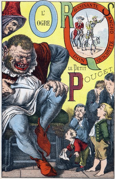 الرسائل: OPQRS - L'Ogre et le Peucet و Don Quixote و Rossinante و Sancho - نقش في "ABC Les Images en Alphabet" - Imaging d'Epinal - Pellerin and Cie ، ناشر طابعة ، Epinal ، أواخر القرن التاسع عشر ، حوالي عام 1890 - 10 صفحات - قاتمة: 19.5  بواسطة غير معروف