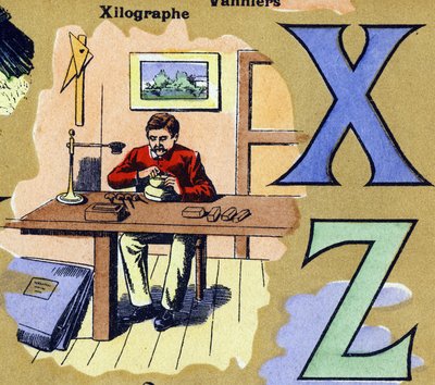 الحرفان X و Z كمشهد xilograph. حفار يصنع قطع خشبية. الأبجدية المصورة. تم لم شمل الصور في جارفيل نانسي ، بداية القرن العشرين. الأبعاد: ٤٠ × ٢٩ سم. الطباعة الحجرية على خلفية بيستر بواسطة غير معروف