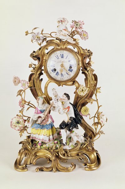 Louis XV ormolu وساعة من البورسلين ، مع شخصيات Meissen بواسطة غير معروف