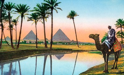 رجل على جمل يشاهد أهرامات الجيزة، حوالي عام 1900 (كروموليثو) بواسطة فنان غير معروف